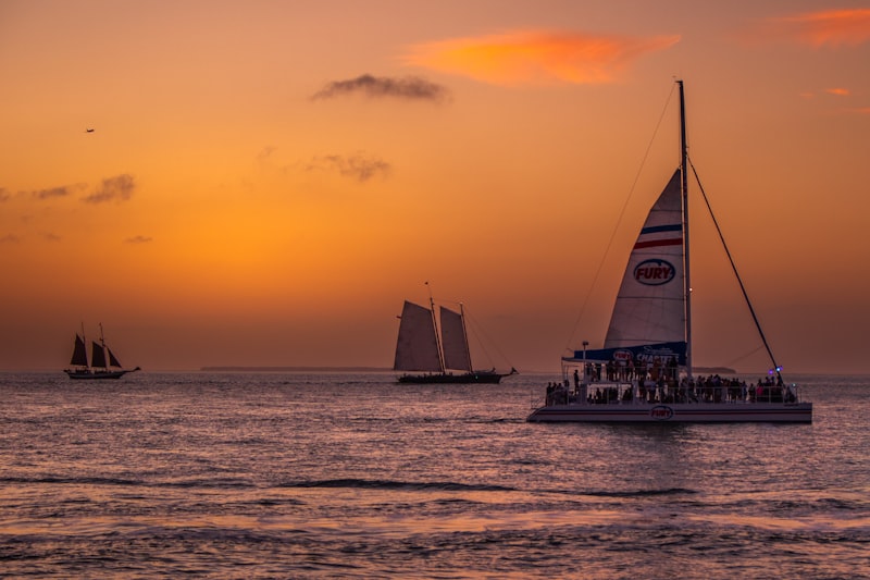 Sailboats on the ocean at sunset