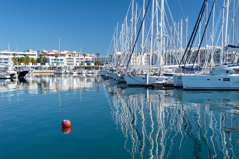 a group of boats sit in a harbor